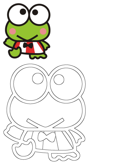 Keroppi the frog, shown colored and as an outline, ready for kids' easy paint by numbers or figured art activity.