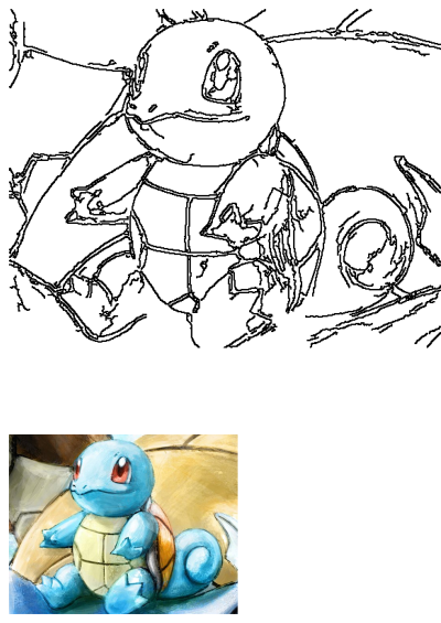 A detailed outline drawing of Blue Squirtle Pokémon, complete with a vibrant colored version, sitting comfortably on a pillow.