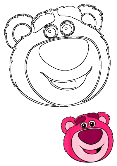 Lotso Teddy Bear Head Toy Story Pink Character outline for drawing, with a small colored pink Lotso bear head reference.