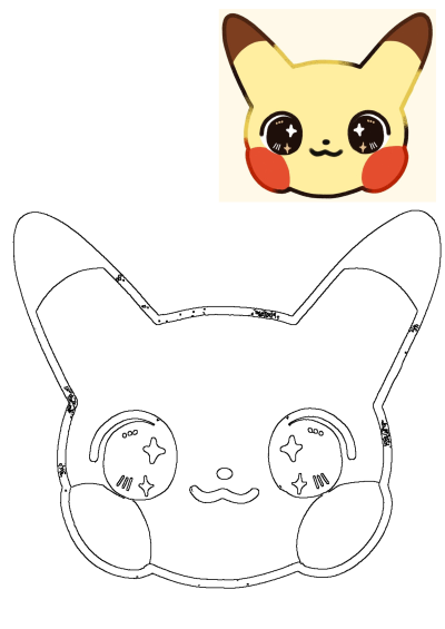 Hand-drawn Pikachu face with big, sparkling eyes, red cheeks, and brown-tipped ears. Features both a colored version and a clean outline.