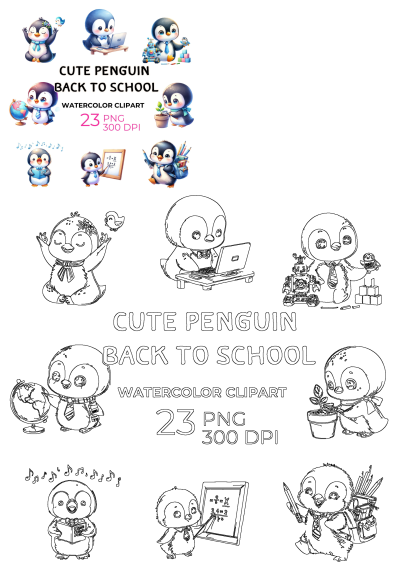Cute watercolor penguin clipart for back to school and scrapbooking, featuring penguins learning, playing, and studying. Includes both vibrant colored and outline versions.