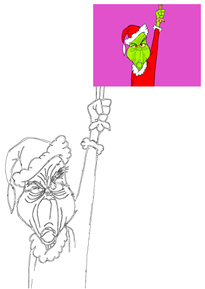 Grumpy Grinch in Santa suit and hat, raising a fist, featured in both vibrant cartoon color and a clear black-and-white outline for Christmas fun.