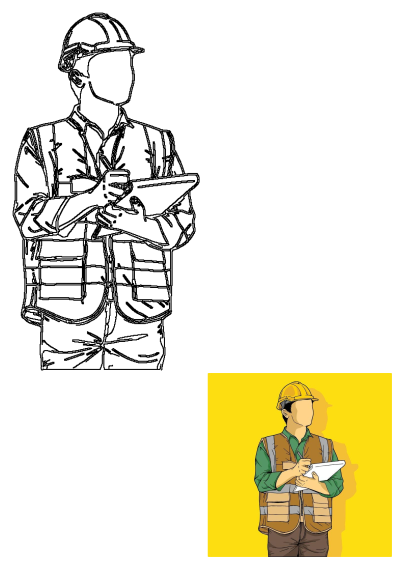 An illustration of a construction worker engineer in a hard hat and vest holding a clipboard, set against a vibrant yellow background. Includes a detailed line art version.