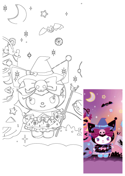 Kuromi Halloween cartoon character dressed as a cute witch, holding a staff, against a vibrant purple starry background with bats, moon, and pumpkins.