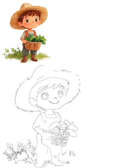 Cheerful cartoon boy farmer with a straw hat and overalls, smiling while holding a woven basket full of fresh green vegetables.