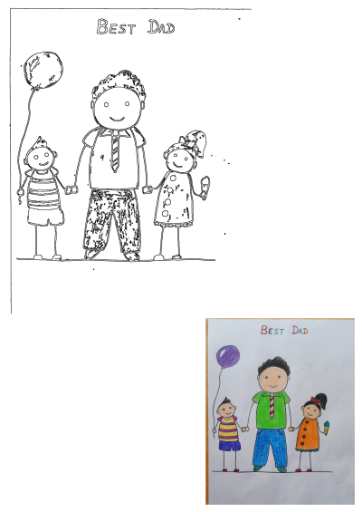 Hand-drawn 'BEST DAD' artwork for Father's Day, depicting a father with his son holding a balloon and daughter holding ice cream.