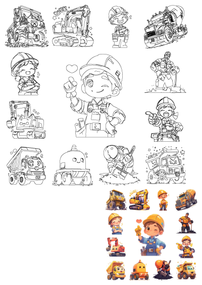 A vibrant collection of cheerful cartoon construction workers, vehicles, and equipment, including dump trucks, excavators, and cement mixers.