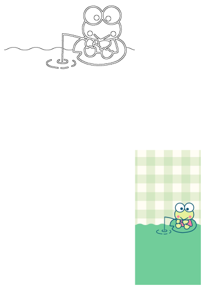 Keroppi, the cute cartoon frog, is depicted fishing from a lily pad against a green checkered background. Includes an outline drawing.