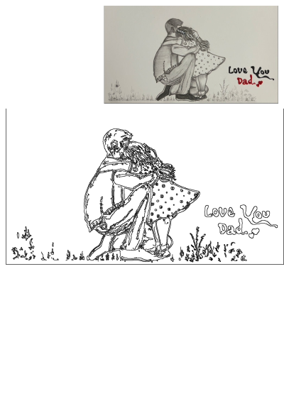Fathers Day drawing of a man hugging his daughter, with 'Love You Dad' text, presented as both a shaded sketch and outline.