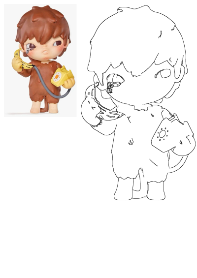 Boy Banana Phone Cord Vintage Toy figurine; a sad boy holding a banana phone and yellow rotary phone. Includes line art.