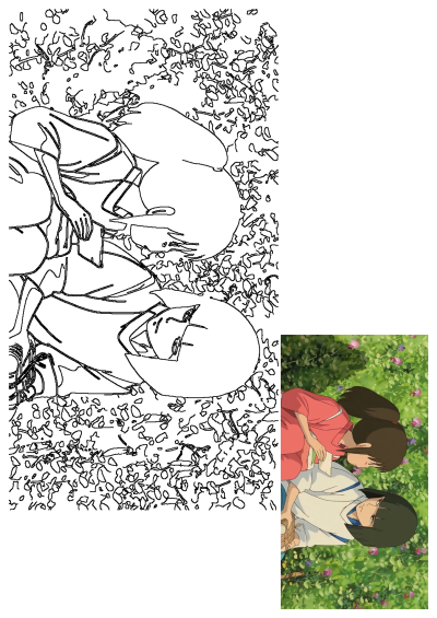 An enchanting black and white line art featuring Chihiro and Haku from Spirited Away, peacefully lying amidst a field of delicate flowers.