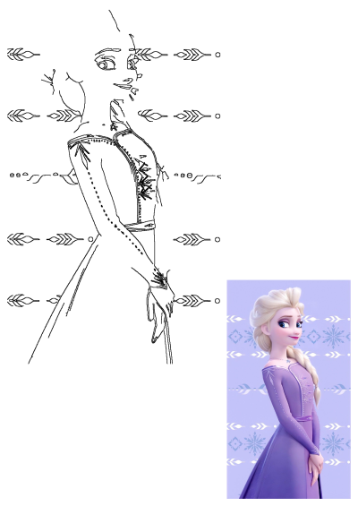 Outline drawing of Elsa in her purple dress beside a vibrant image of Elsa from Frozen 2 with a snowflake background.