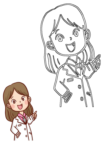 Cheerful cartoon woman doctor in a white lab coat pointing to the side, with a black outline version included for coloring.