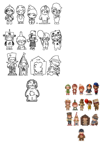 Cute toy collection featuring a variety of unique figurines in full color, alongside their corresponding black-and-white character outlines.