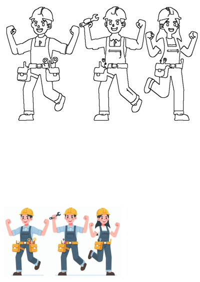 Happy construction workers (two men, one woman) in hard hats & overalls celebrating success, smiling & flexing arms triumphantly.