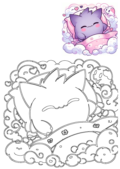 Adorable purple cat character sleeps peacefully on a pink pillow, surrounded by soft clouds, floating hearts, and spectral ghost figures.