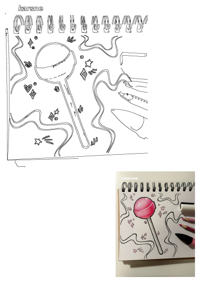 Whimsical lollipop outline drawing with stars and hearts on a sketchbook page. Perfect for creative art projects and sweet designs.