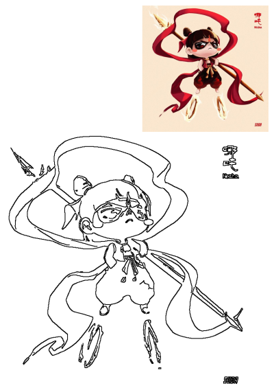 Nezha cartoon character with a fiery spear, flowing red sash, and flaming wheels. Includes original vibrant art and a crisp outline version.