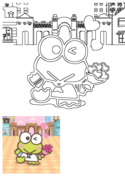 Keroppi, the cheerful Sanrio frog, holds a heart bouquet against a romantic cityscape in this detailed outline drawing.