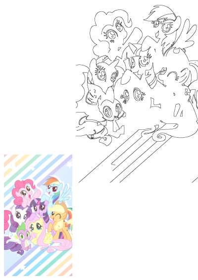 My Little Pony Friendship Ponies, including Pinkie Pie, Rainbow Dash, and Spike, joyfully grouped on a pastel striped background.