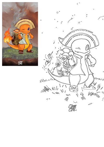 Winking Charmander cartoon in a sombrero, shirt, and sandals, carrying a basket of fireballs with a flaming tail.