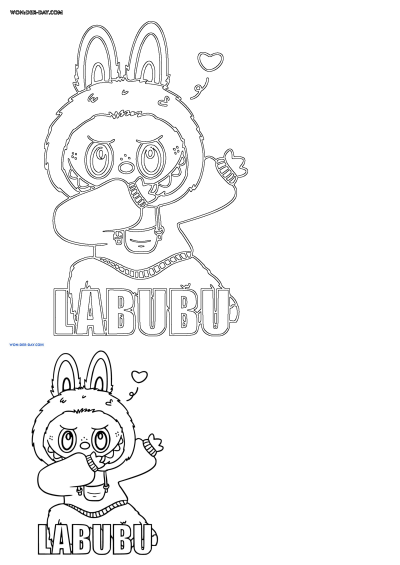 Labubu cartoon character outline in a fun dab pose, featuring its distinctive large ears and mischievous smile with a heart. Great for fans.
