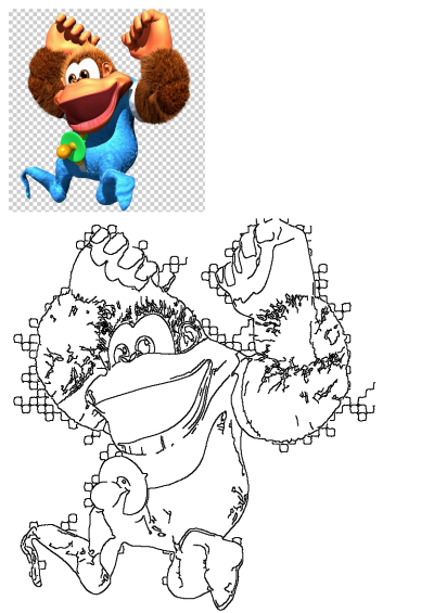 A baby Donkey Kong character with big arms and legs, wearing a blue outfit and holding a pacifier, shown as a colored image and an outline drawing.