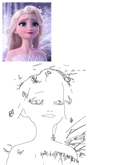 Frozen Elsa with blonde hair and blue eyes, adorned with sparkling butterflies. Features a vibrant image and a printable outline version.