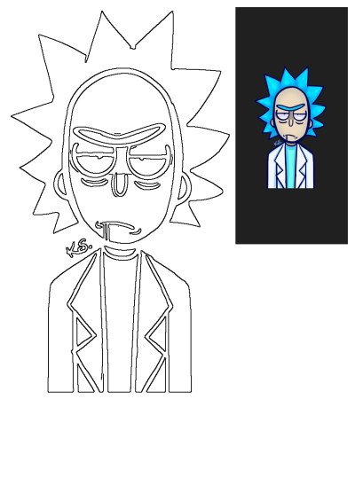 A black outline drawing of Rick Sanchez from Rick and Morty, featuring his iconic spiky hair and lab coat, along with a small colored version with bright blue hair.