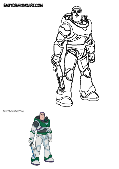 Buzz Lightyear Toy Story cartoon character drawing. Features a large black and white outline with a small colored reference.