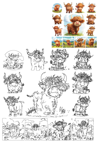 Set of adorable cartoon Highland cows featuring colorful illustrations and line art sketches with various expressions and poses.