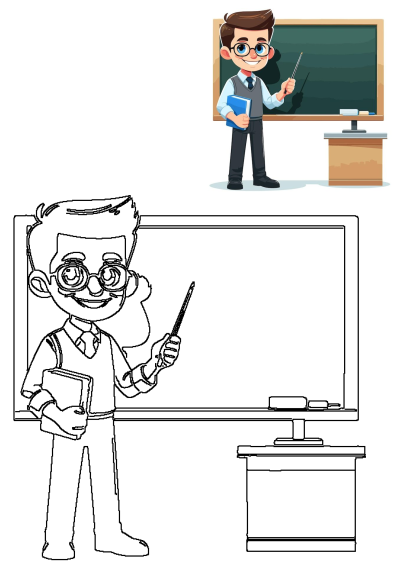 A friendly cartoon teacher with glasses holds a book and points at a blackboard, explaining a lesson. Both colored and outline versions included.