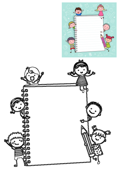 Illustration of diverse children peeking from a spiral notebook with pencils, perfect for education, school, and drawing activities.