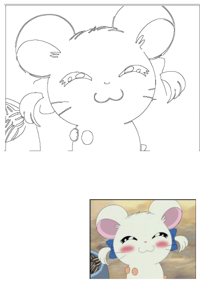 A cute anime mouse character with blue bows, smiling sweetly, presented as a black and white line art image.
