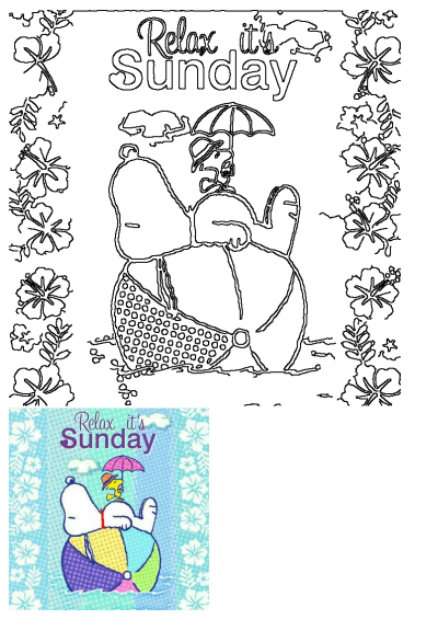 Snoopy and Woodstock enjoying a relaxing Sunday. Outline drawing shows Snoopy with a beach ball, Woodstock with an umbrella, tropical flowers.