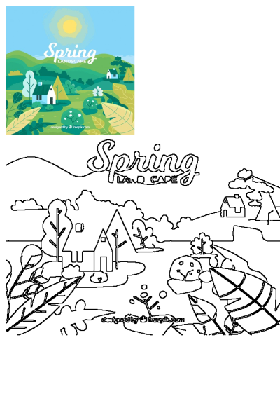 A vibrant illustration of a cheerful spring landscape featuring charming houses, lush green trees, and rolling hills.