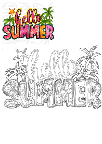 Vibrant Hello Summer design with colorful palm trees and starfish. Features bright, patterned lettering for a cheerful summer vibe.