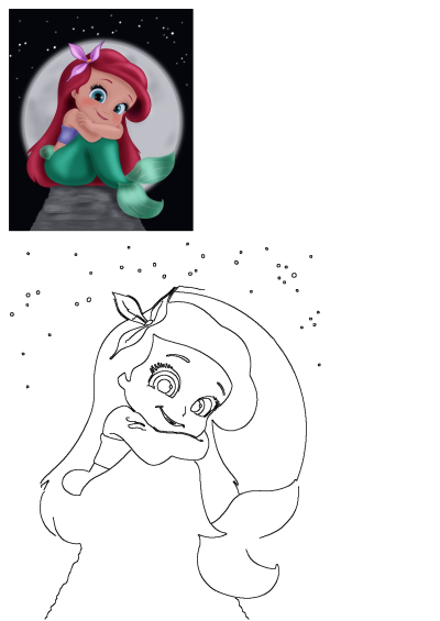 Adorable Little Mermaid Ariel artwork in chibi style, with vibrant red hair, green tail, smiling under a full moon and starry night sky.