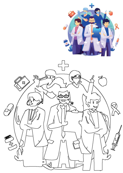 Diverse healthcare professionals, including doctors and nurses, stand united before a globe, surrounded by medical symbols, symbolizing global health.