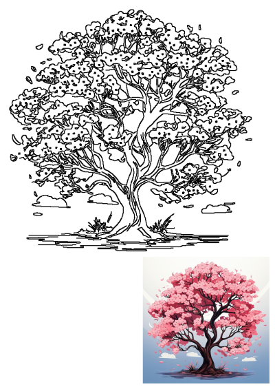 A vibrant pink cherry blossom tree with lush blooms and falling petals reflecting beautifully in calm water, an artistic representation of spring.