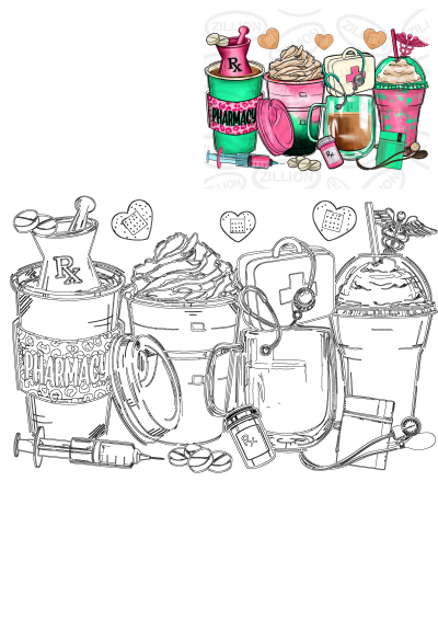 Pharmacy-themed drinks & medical supplies artwork. Features vibrant coffee cups, stethoscopes, syringes, pills, and a detailed line art version.
