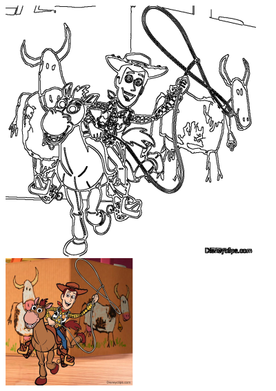 Woody on Bullseye cartoon horse, holding a lasso in front of cow drawings. This outline image is perfect for coloring fun.