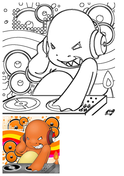 An outline drawing of DJ Charmander from Pokemon wearing headphones and mixing music on turntables with a fierce grin.