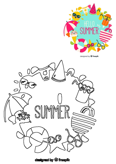 Vibrant 'Hello Summer' vector illustration with essential colorful beach items: sun, umbrella, sunscreen, watermelon, flip-flops, bag.