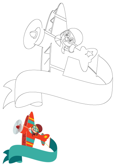 A vibrant cartoon pilot in a red biplane flying a blank teal banner, suggested for happy birthday messages. Includes an outline version.