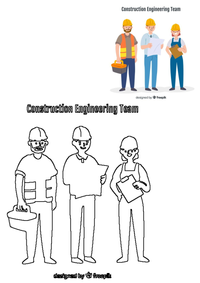 A diverse construction engineering team of three in hard hats and safety gear, holding a toolbox, blueprints, and clipboard, ready for work.