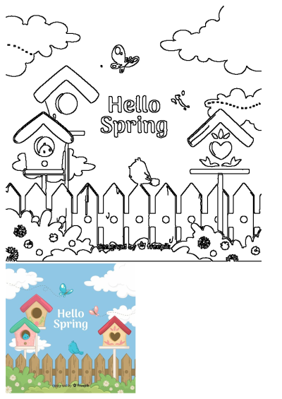 Hello Spring scene featuring birdhouses, flying butterflies, birds on a fence, green bushes, and white clouds in a blue sky.