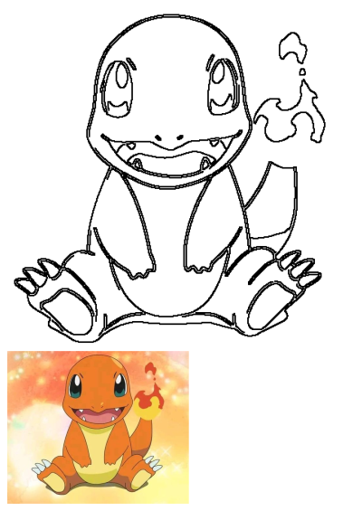 A cute Charmander Pokémon, smiling with its flaming tail. The image features a detailed outline drawing and a smaller colored version.