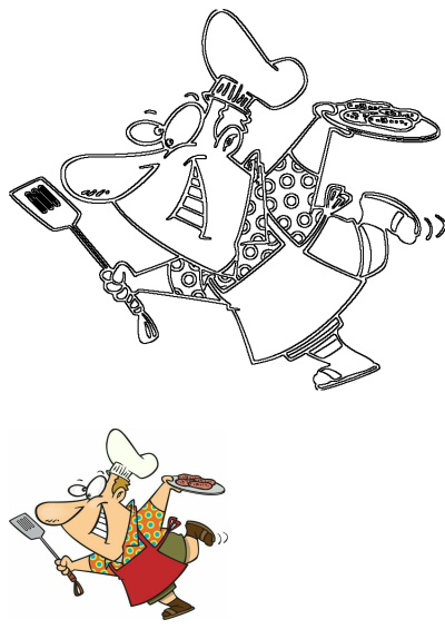 Cheerful cartoon chef illustration holding a spatula and a plate of grilled sausages, ready for a barbecue.