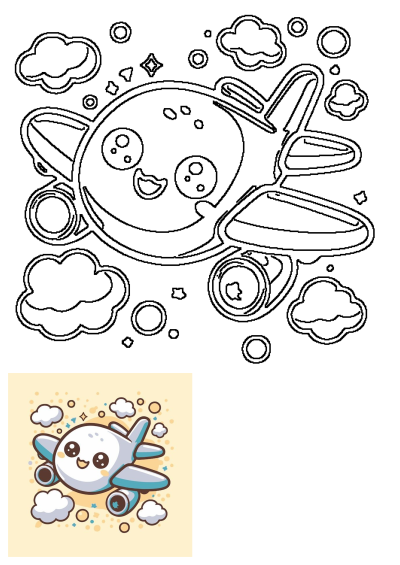 Cute kawaii cartoon airplane with a happy face flying through the sky, surrounded by fluffy white clouds and sparkling elements.